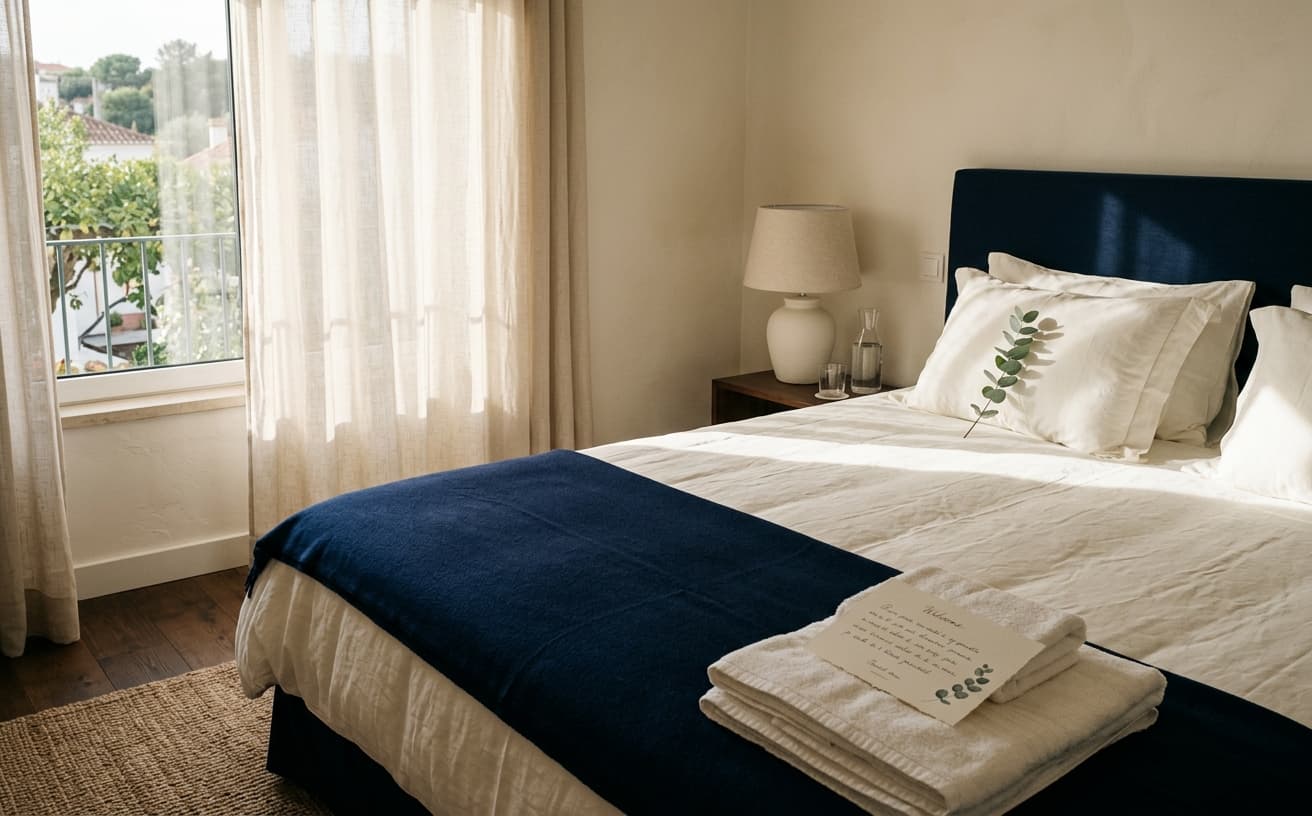 Quarto preparado com cartão de boas-vindas, eucalipto e toalhas dobradas