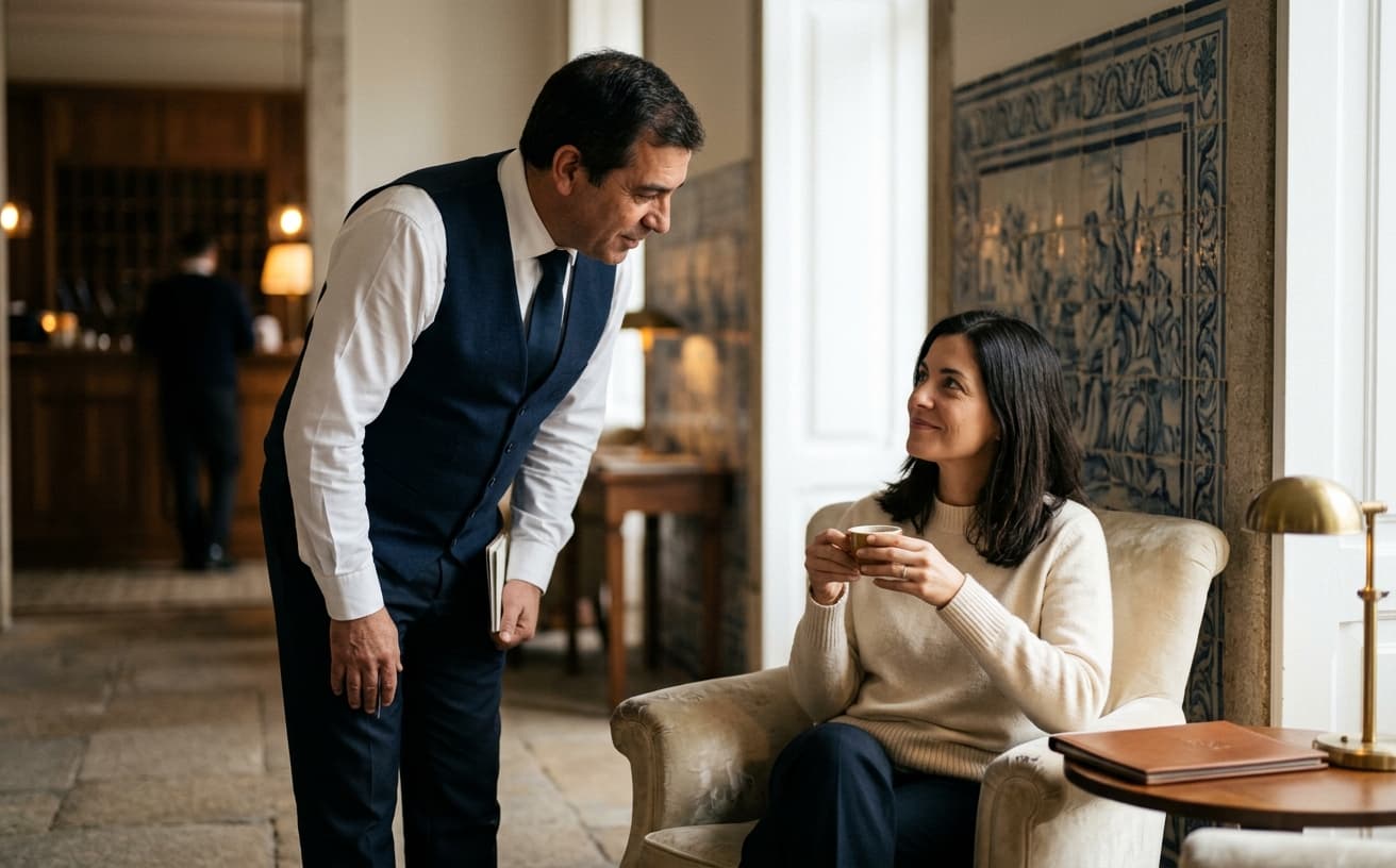 Concierge atento a hóspede sentada com café, parede de azulejos ao fundo
