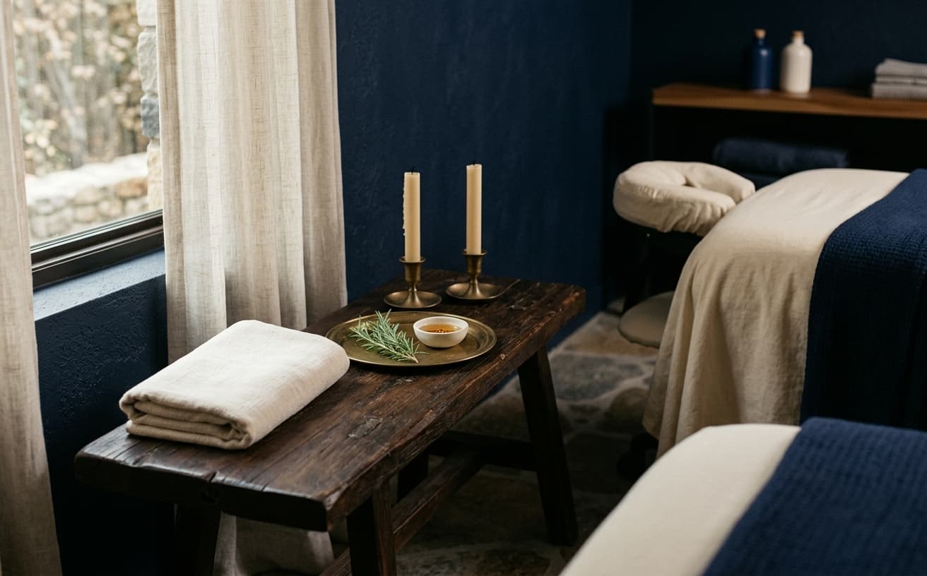 Sala de spa preparada com velas, alecrim numa bandeja de latão e toalhas dobradas